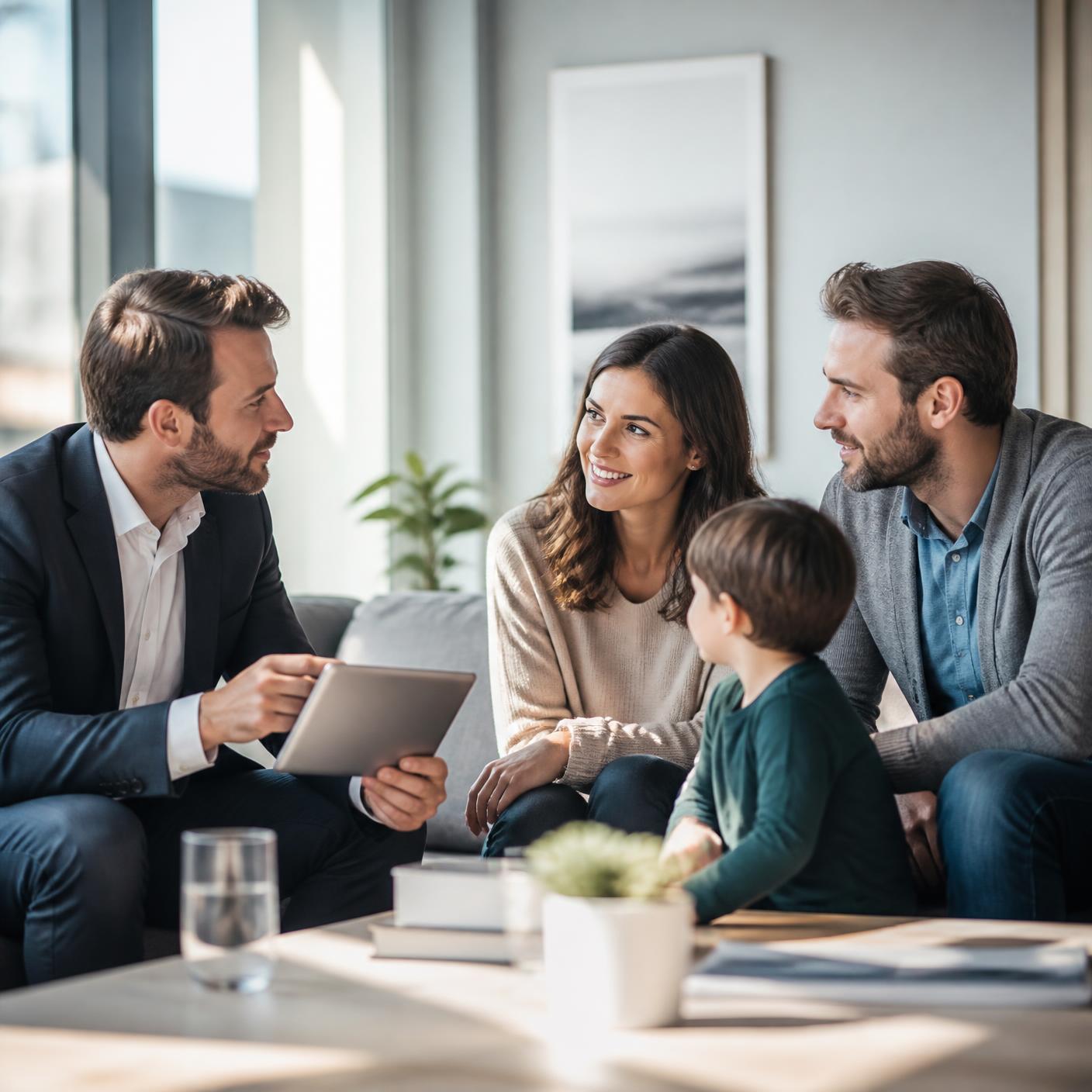 Insurance advisor speaking with a young family in a bright modern office